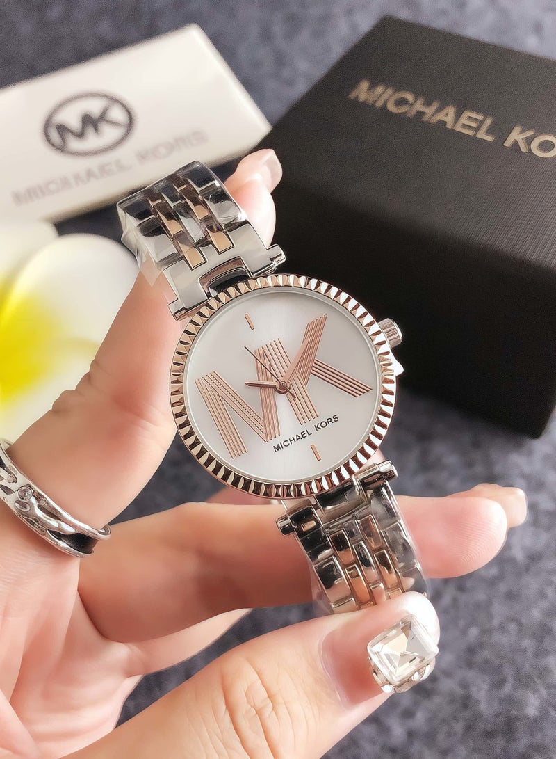 ساعة MK Michael Kors للسيدات باللونين الفضي والوردي الذهبي من الفولاذ المقاوم للصدأ